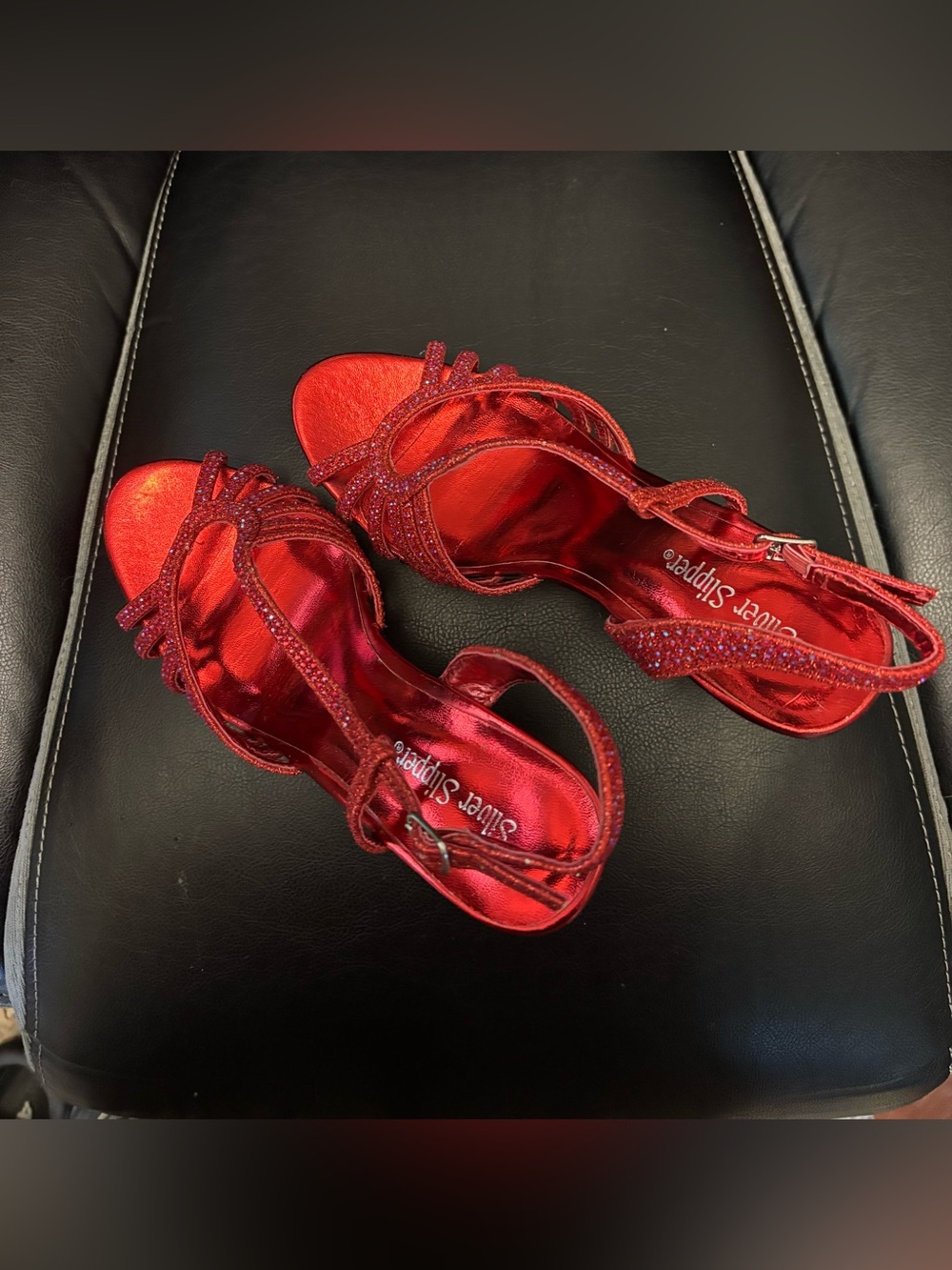 Silver Slippers 7.5 Ruby Red Sparkle High Heeled Shoes.